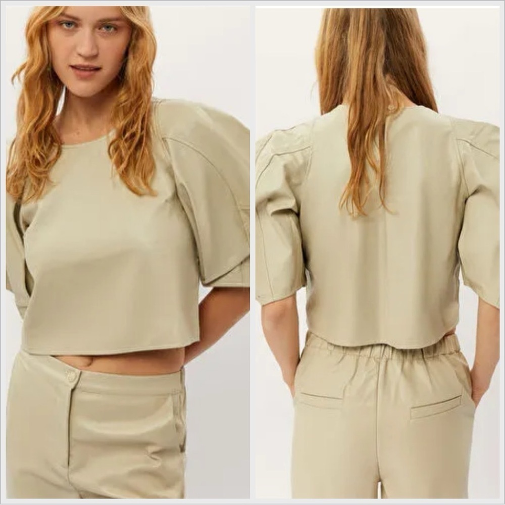 Ghospell Faux Leather Cream Puff Sleeve Top, New with Tags